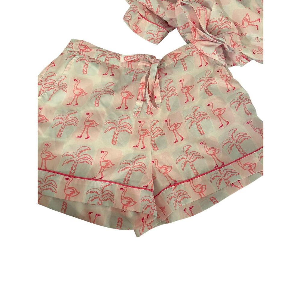 Bouffant’s & Broken Hearts Womens Size Medium Pink Flamingo Print Pajama Set - Picture 9 of 11